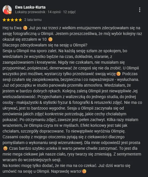 Opinia Google Ewy Laski-Kurty o sesji fotograficznej w Paradiz Art