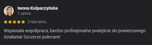 Opinia Google Iwony Kulpaczyńskiej o współpracy z Paradiz Art