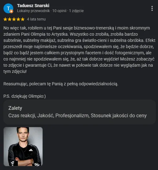 Opinia Google Tadeusza Snarskiego o sesji biznesowo-trenerskiej w Paradiz Art